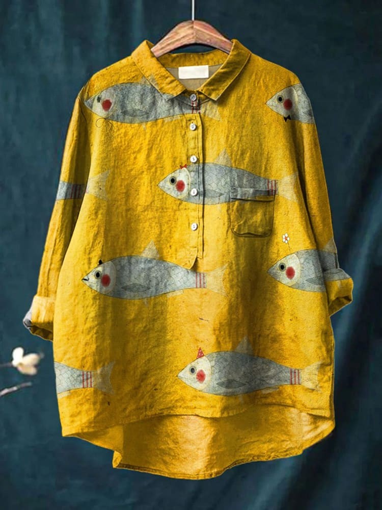 Women's Vintage Fish Art Print Casual Cotton And Linen Shirt