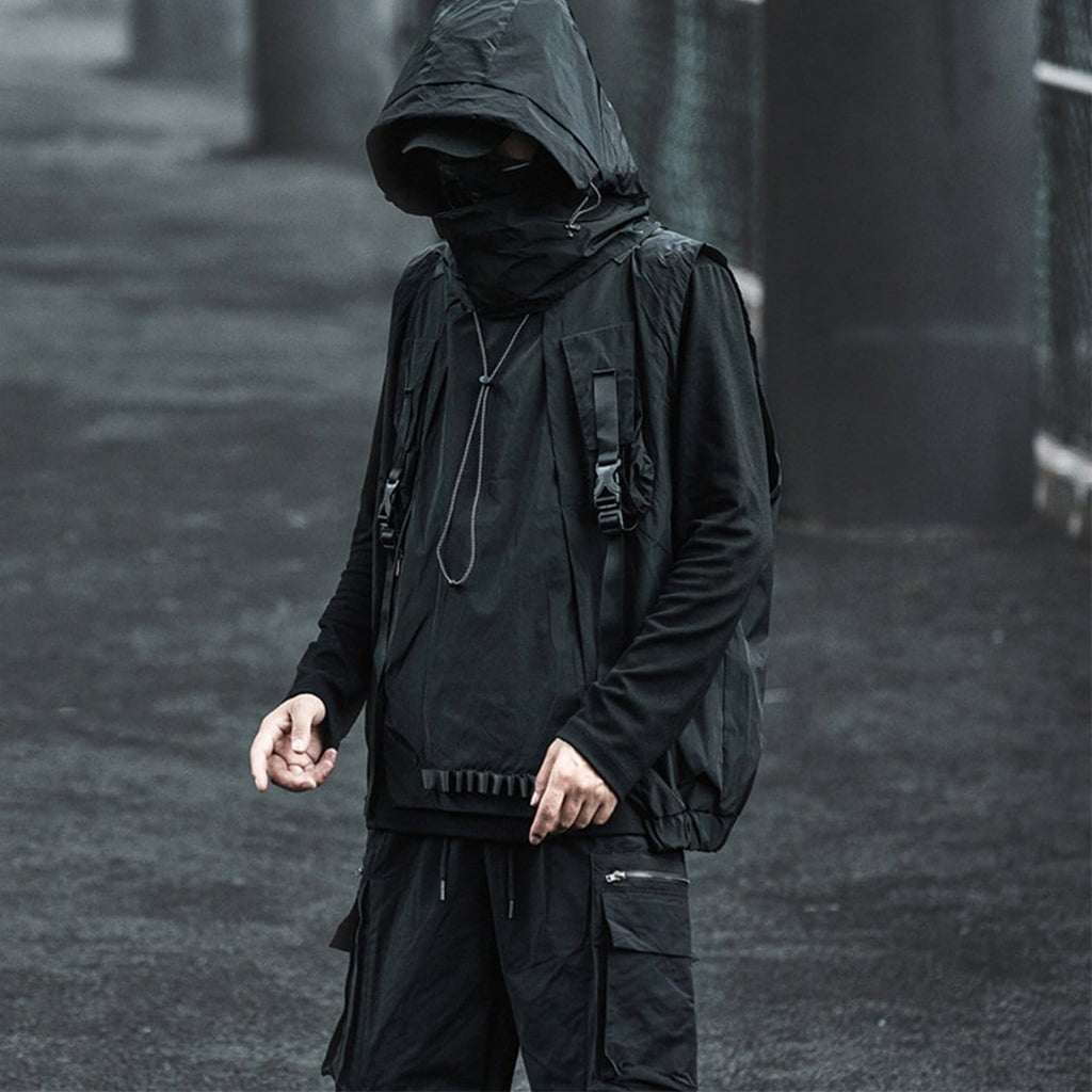 WLS Dark Combat Multi Pockets Hooded Vest Jacket