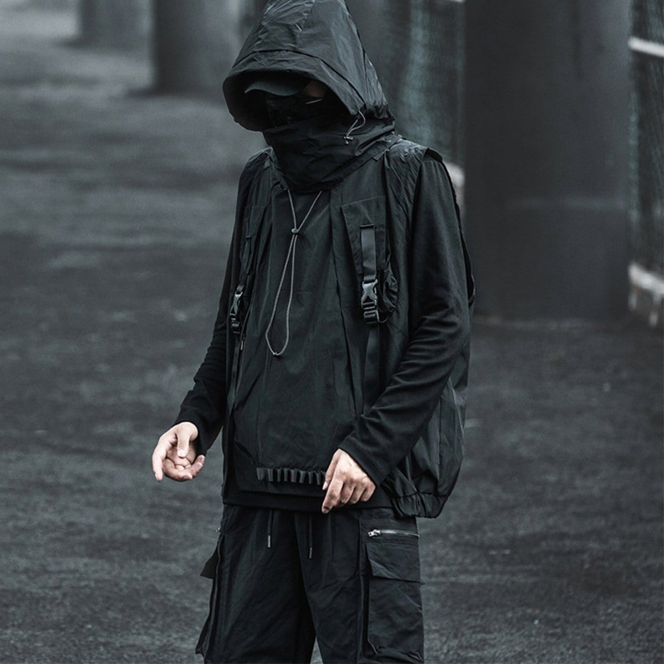 WLS Dark Combat Multi Pockets Hooded Vest Jacket